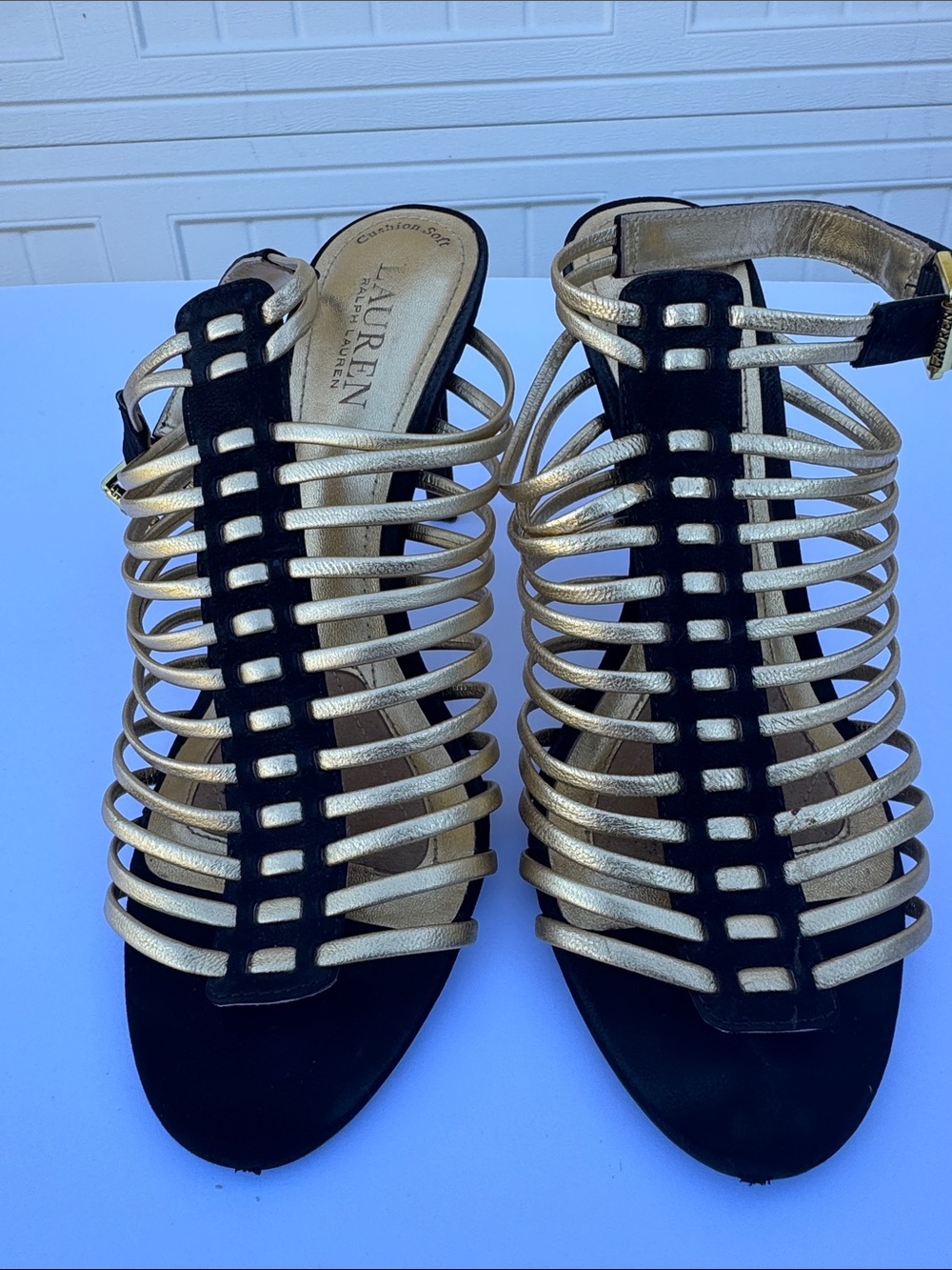 Lauren Ralph Lauren Gold and Black Multi-Strap Gladiator Sandals